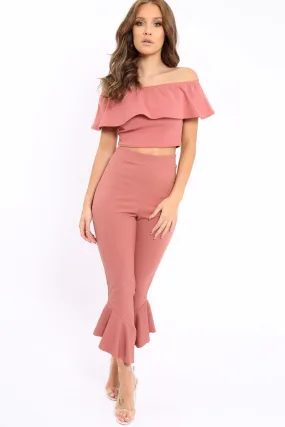 Rose Bardot Crop Top And Dip Hem Trousers Co-ord Set - Alexiah