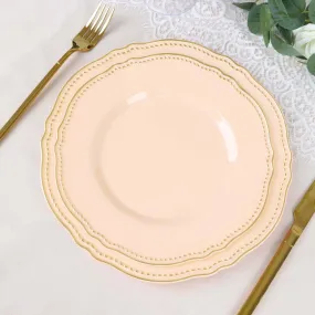 10 Pack 9" Nude Gold Scalloped Rim Disposable Dinner Plates, Plastic Party Plates