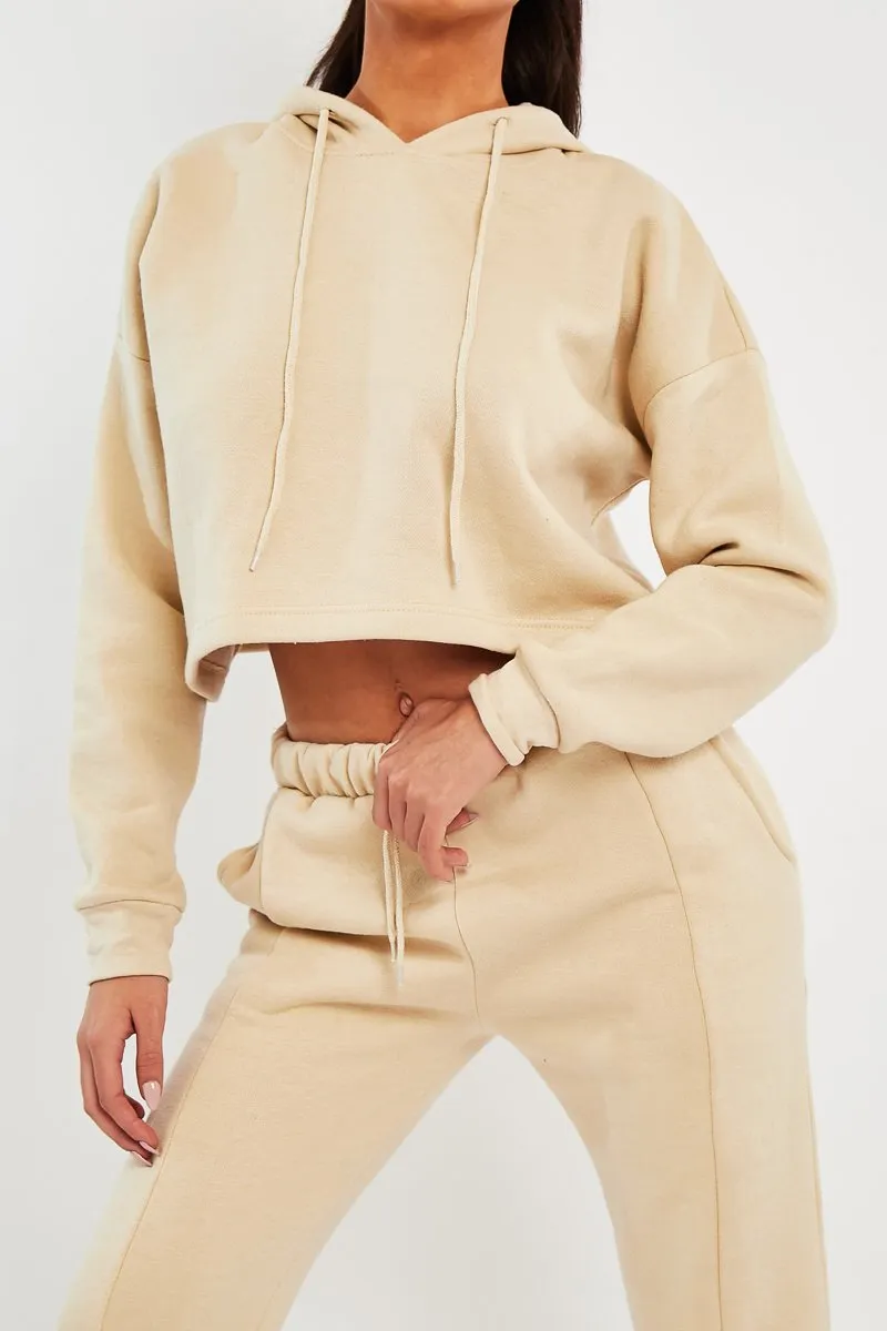 Beige Box Fit Cropped Hoodie - Neala