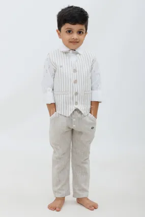 Beige Boys Waistcoat and Pant Set with Striped Shirt