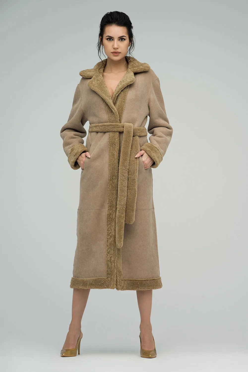 Beige Reversible Sheepskin Lamb Fur Maxi Coat