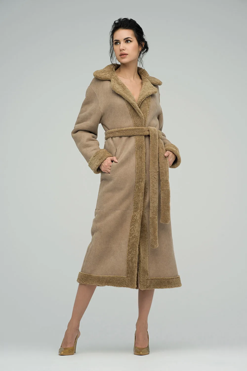 Beige Reversible Sheepskin Lamb Fur Maxi Coat