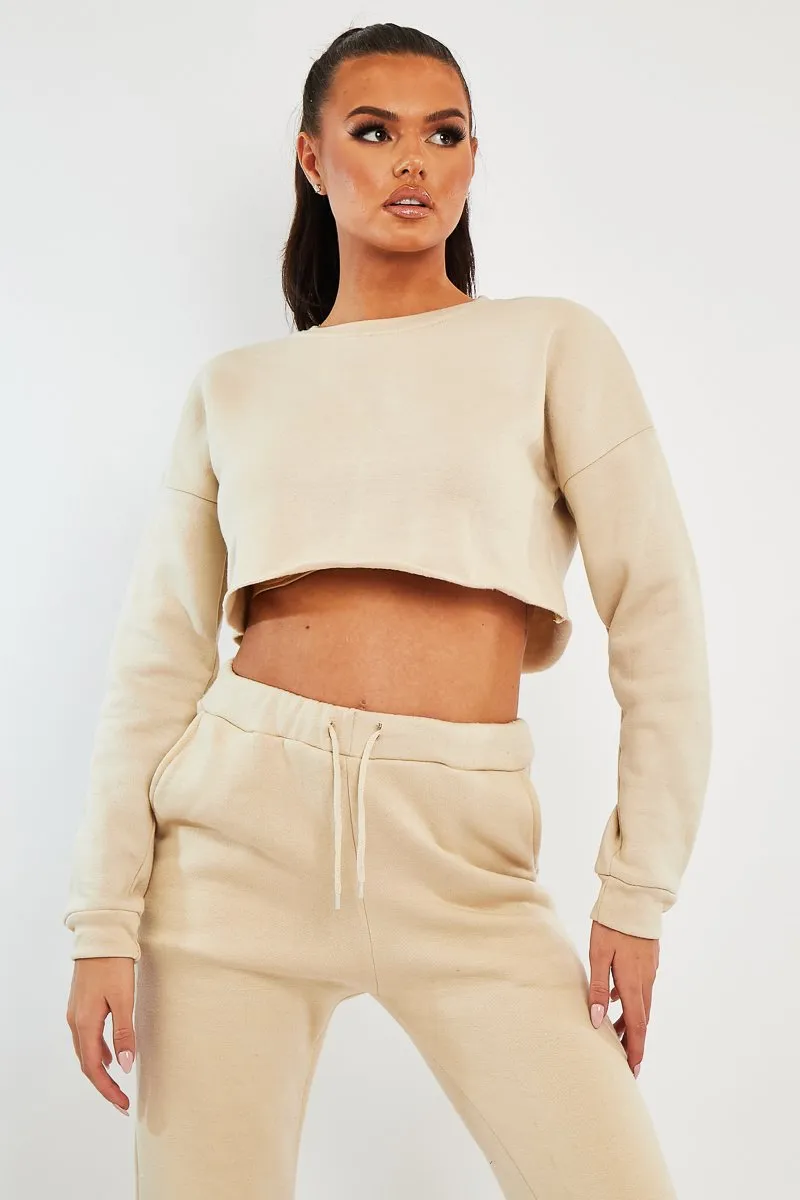 Beige Round Neck Cropped Sweatshirt - Lenny