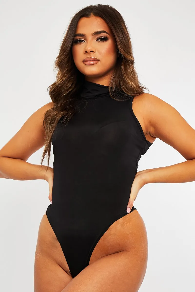 Black Slinky Fabric High Neck Bodysuit - Daniella