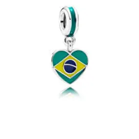 Brasil heart flag silver dangle with green, yellow and blue enamel