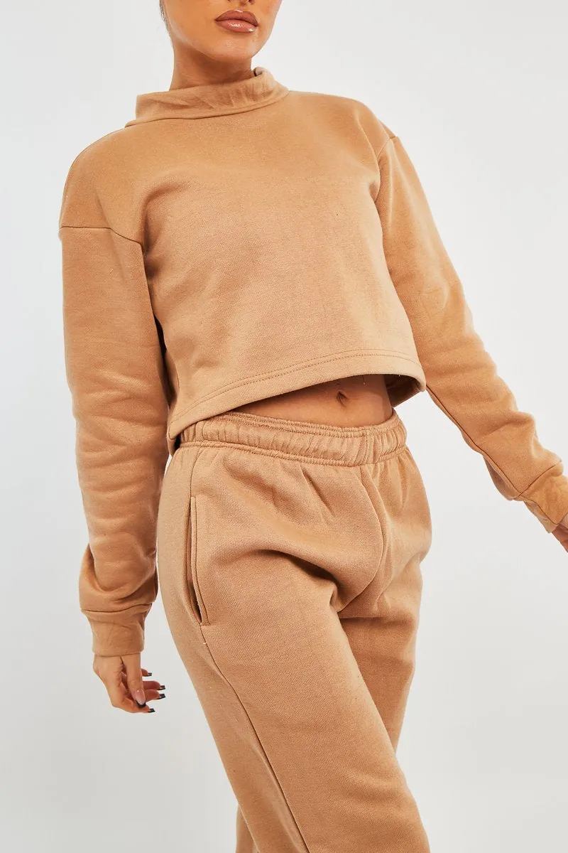 Camel High Neck Cropped Sweatshirt - Orli