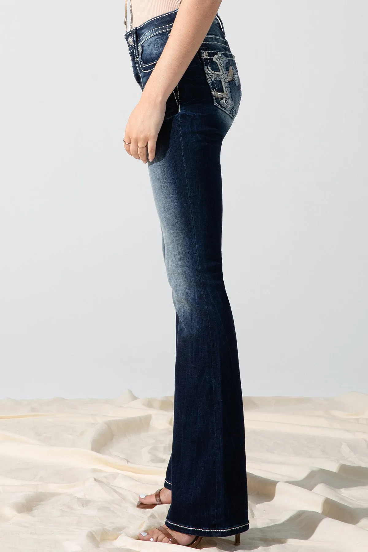 Feathered Cross Bootcut Jeans