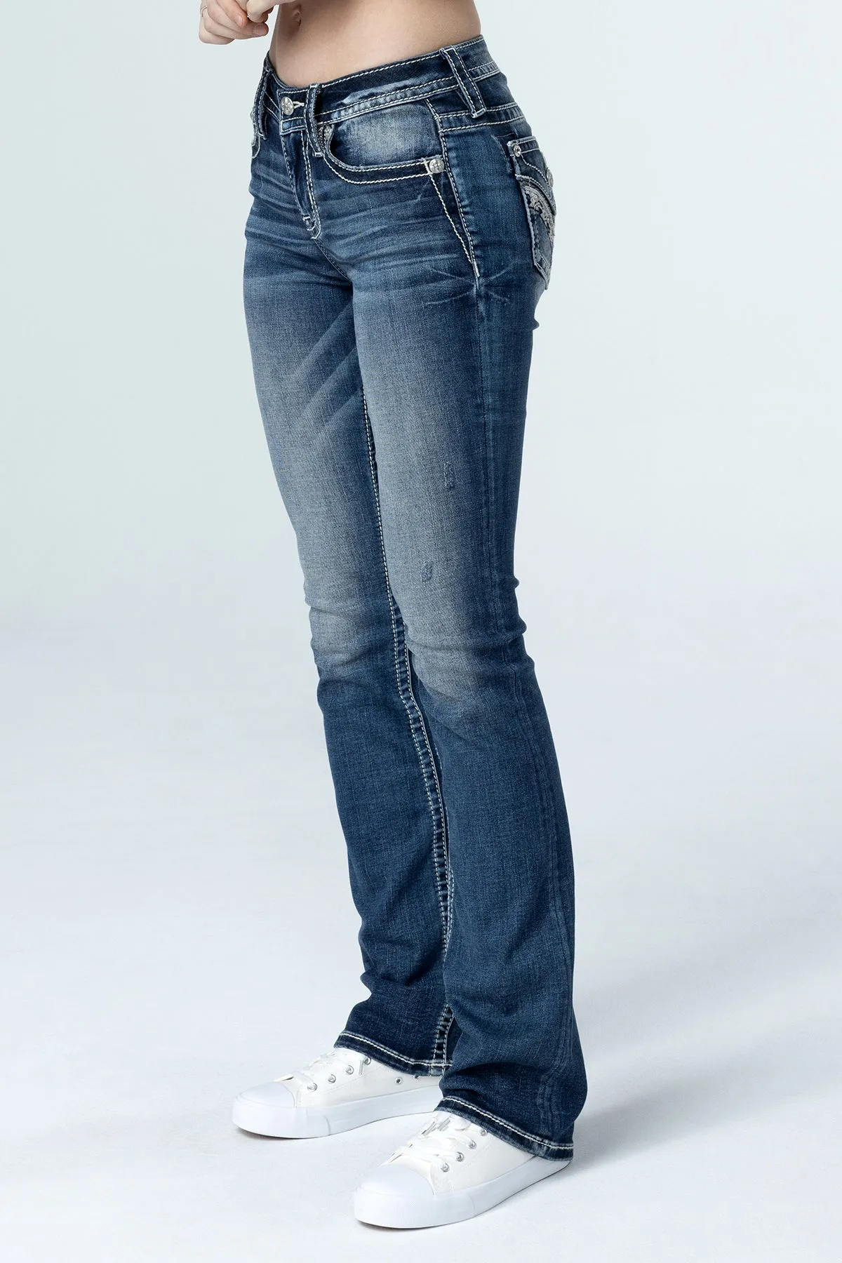 Geometric Sequin Stitch Bootcut Jeans