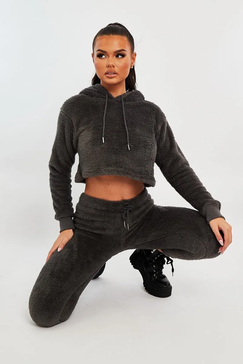 Grey Cropped Teddy Hoodie - Amyia