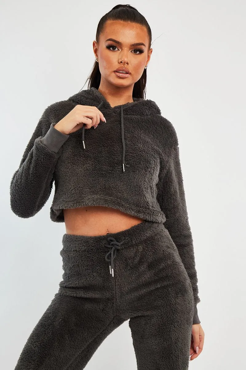 Grey Cropped Teddy Hoodie - Amyia