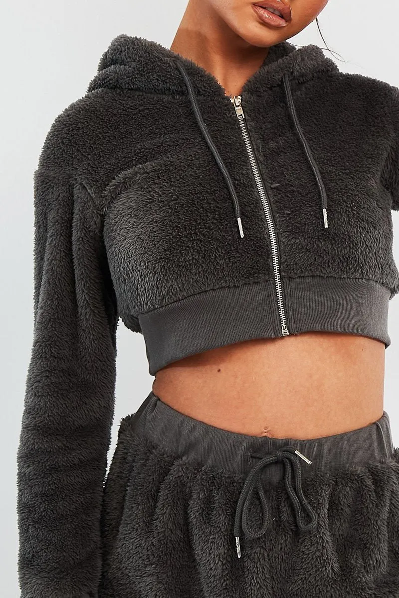 Grey Cropped Teddy Zip Up Hoodie - Cheryl