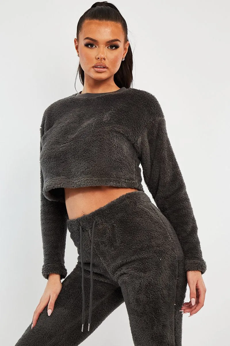 Grey Round Neck Teddy Sweatshirt - Delsie