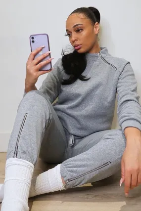 Grey Zip Neck Detail Sweatshirt - Jayda