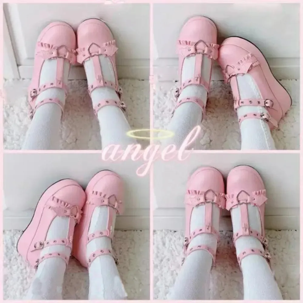 Heart Buckle Wedges Mary Janes Chunky Lolita