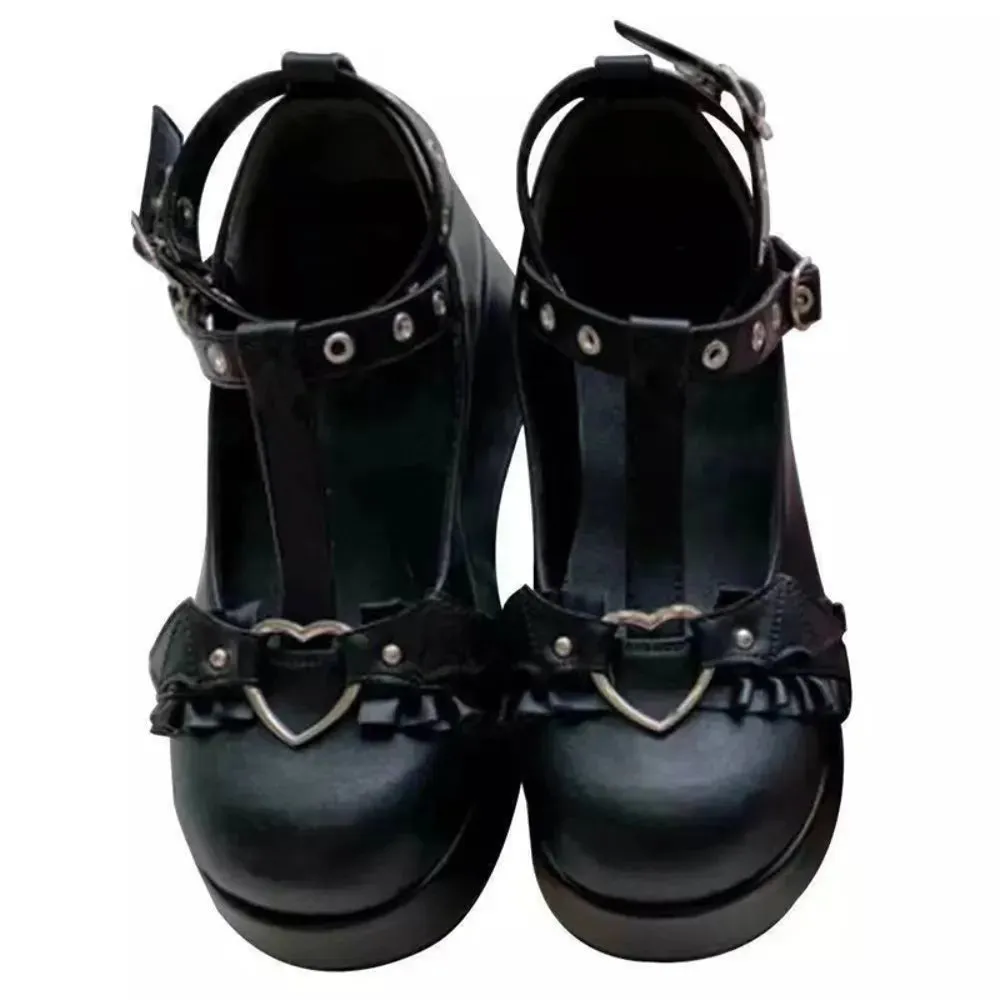 Heart Buckle Wedges Mary Janes Chunky Lolita