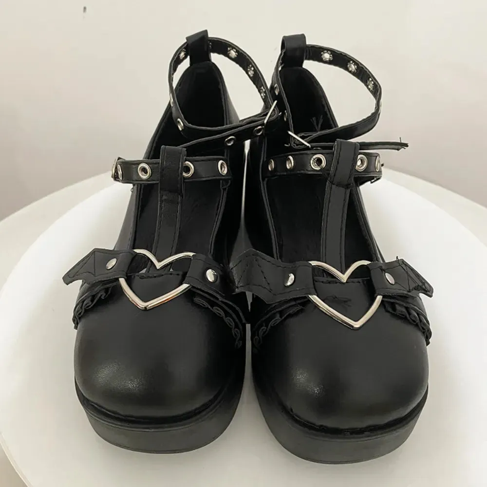 Heart Buckle Wedges Mary Janes Chunky Lolita