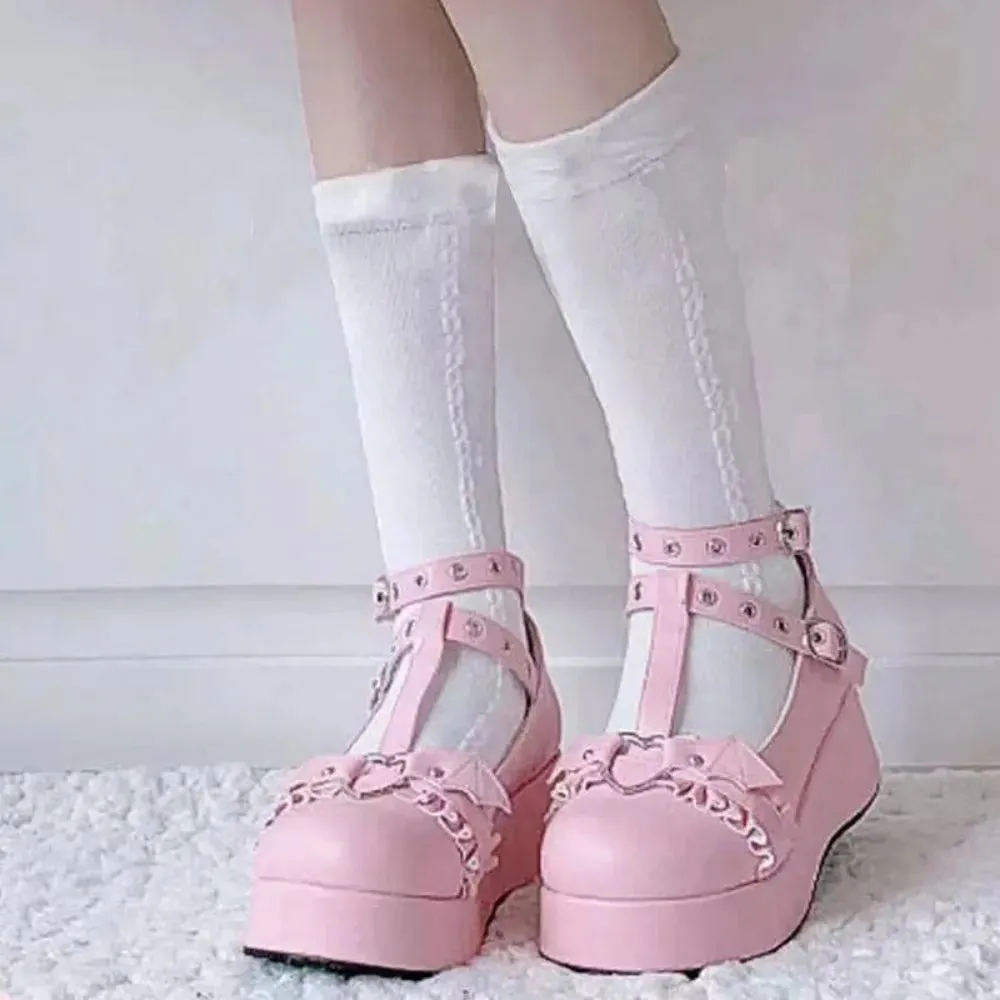 Heart Buckle Wedges Mary Janes Chunky Lolita