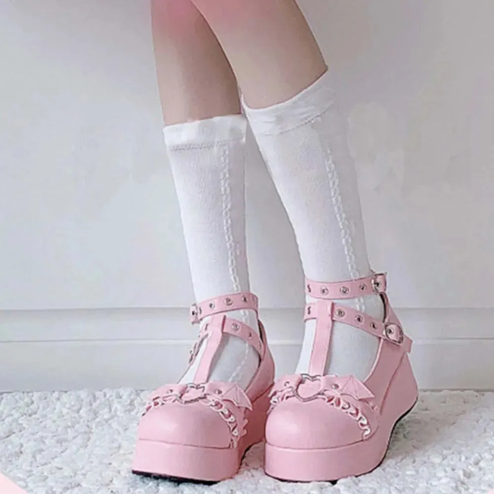 Heart Buckle Wedges Mary Janes Chunky Lolita