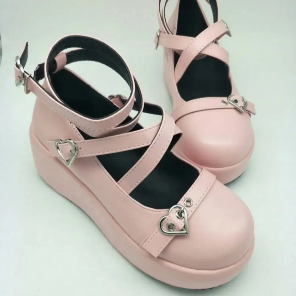 Heart Buckle Wedges Mary Janes Chunky Lolita