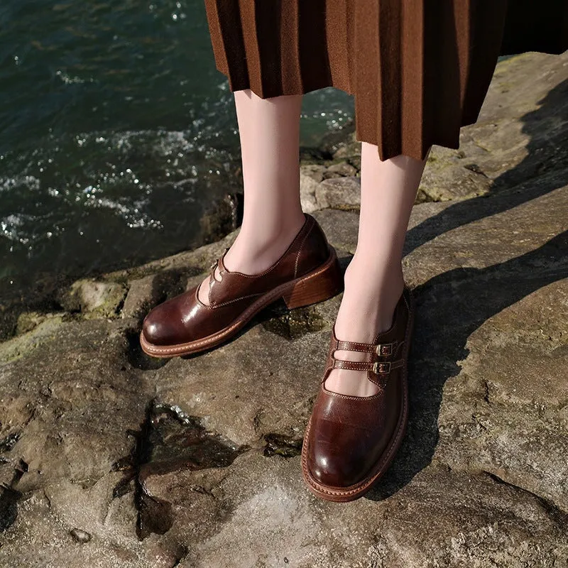 Horse Leather Mary Jane Shoes With Double Buckle in Brown/Black