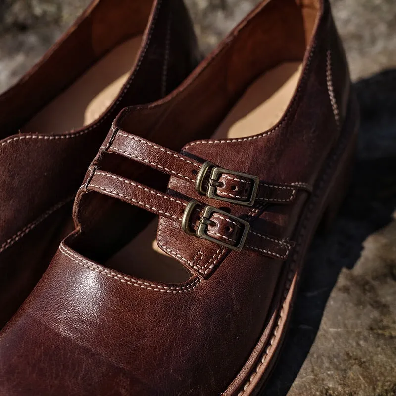 Horse Leather Mary Jane Shoes With Double Buckle in Brown/Black