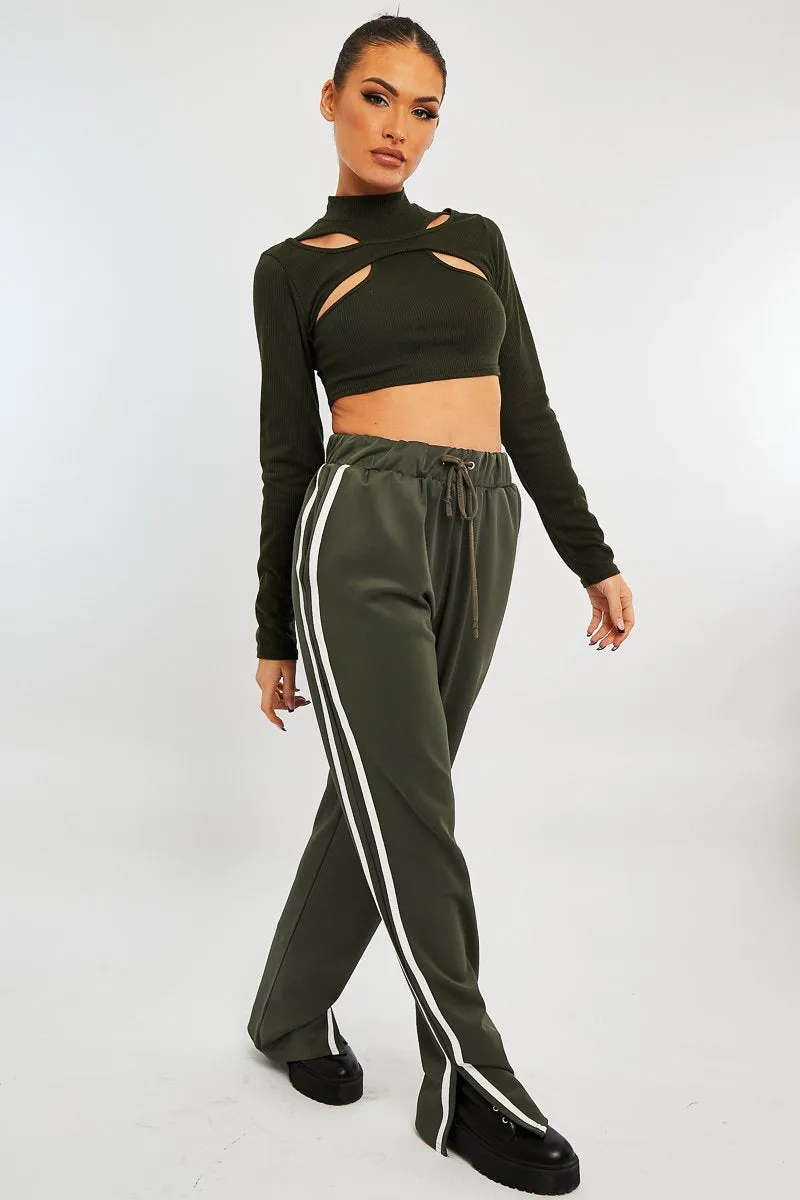 Khaki Ribbed Double Cut Out Crop Top - Graci