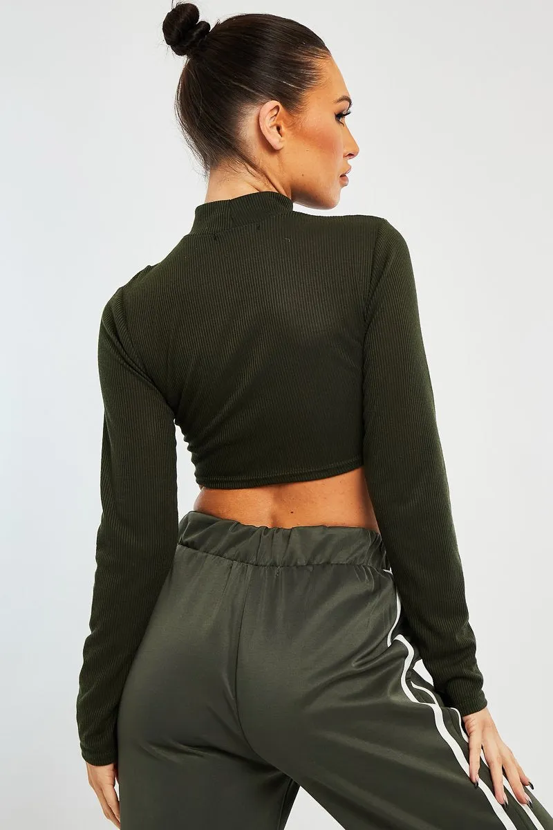 Khaki Ribbed Double Cut Out Crop Top - Graci