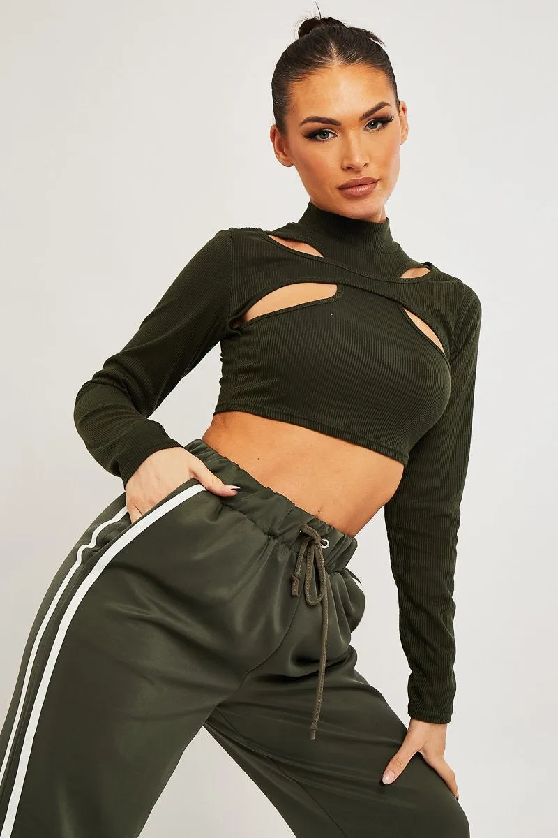 Khaki Ribbed Double Cut Out Crop Top - Graci