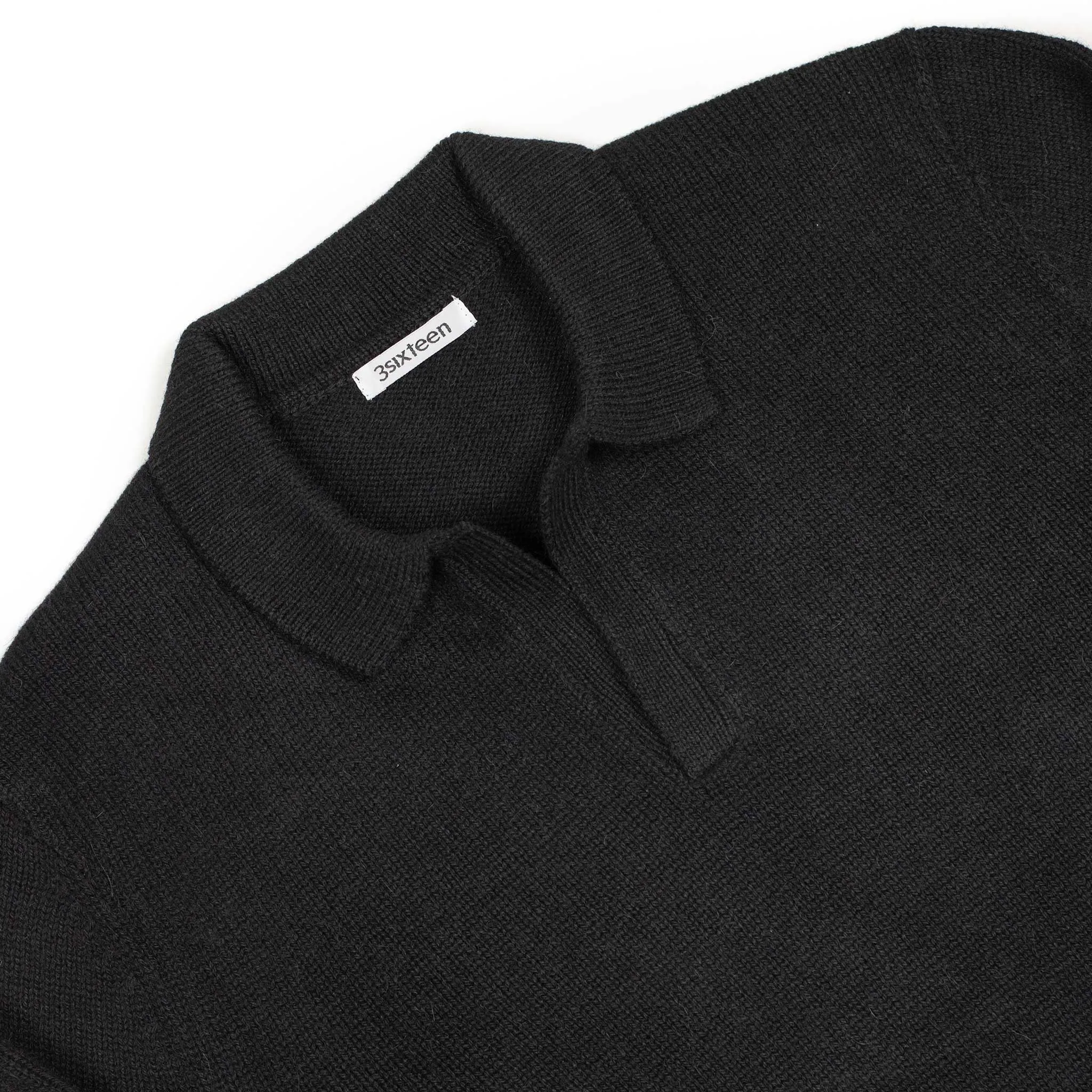 Long sleeve knit polo in black alpaca and wool