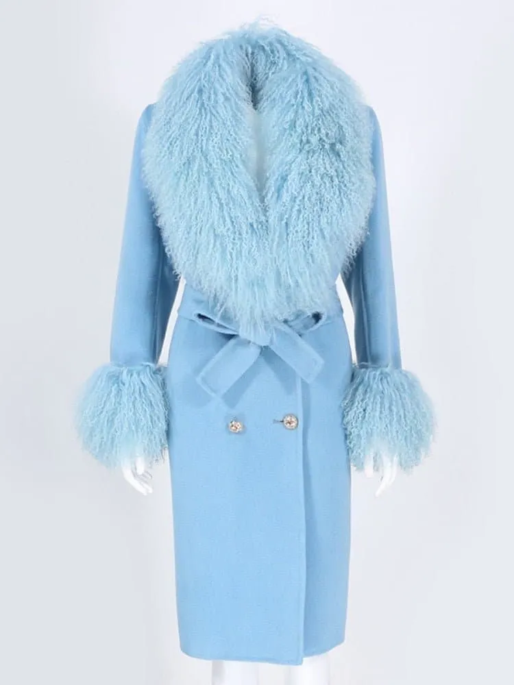 Natural Fox Fur Cashmere Wool Blends Coat