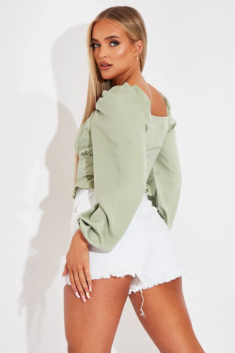 Sage Covered Button Top - Anelise