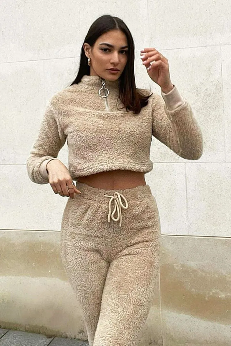 Stone Cropped Zip Front Teddy Jumper - Brady