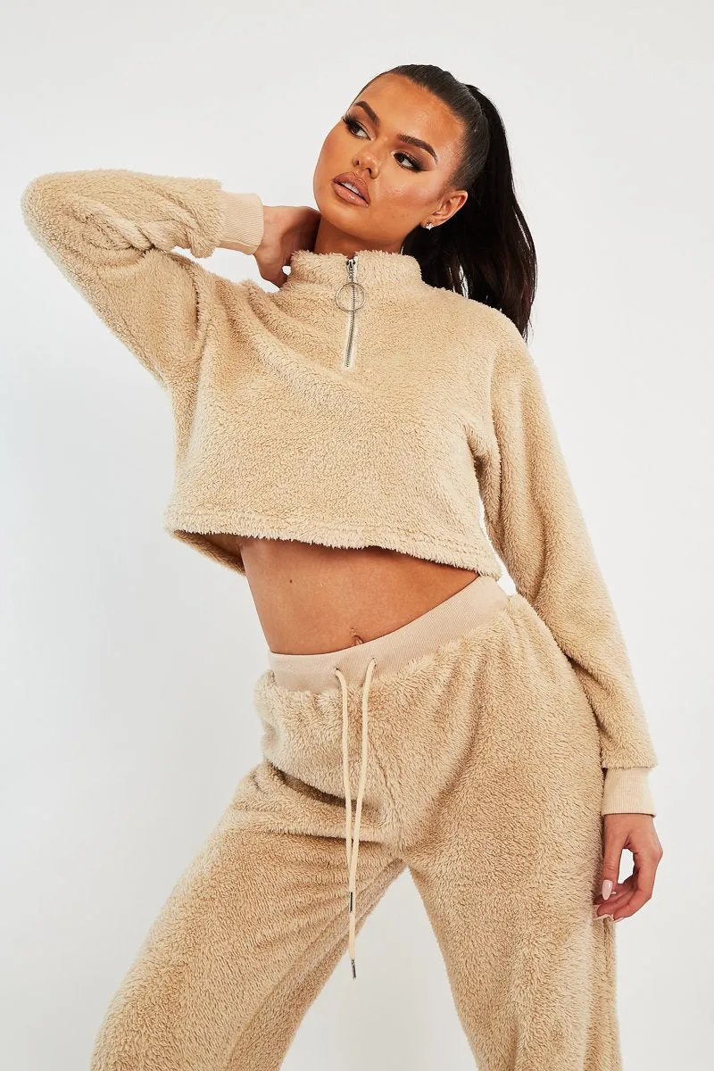 Stone Cropped Zip Front Teddy Jumper - Brady