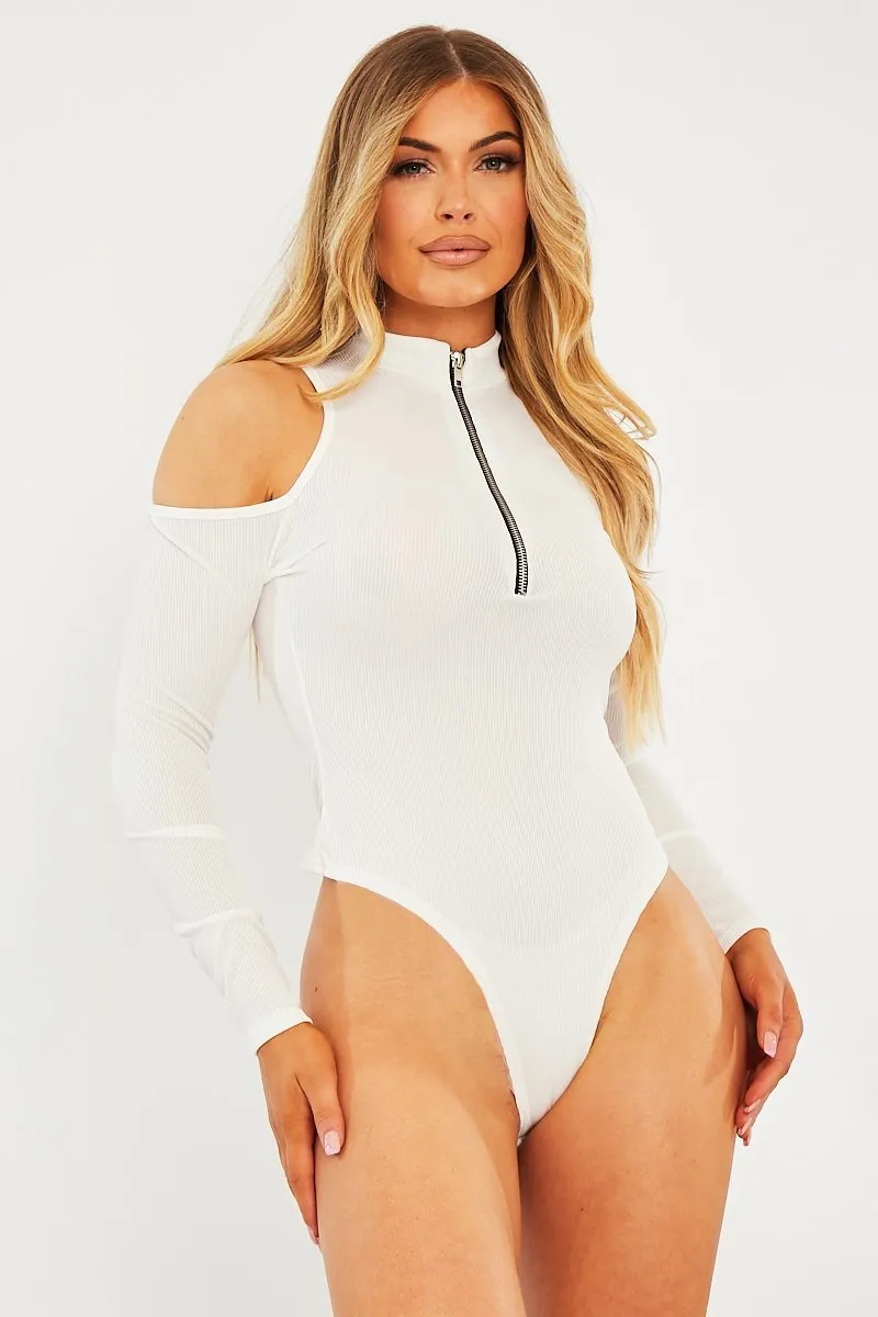 White Shoulder Cut Out Zip Bodysuit - Celine