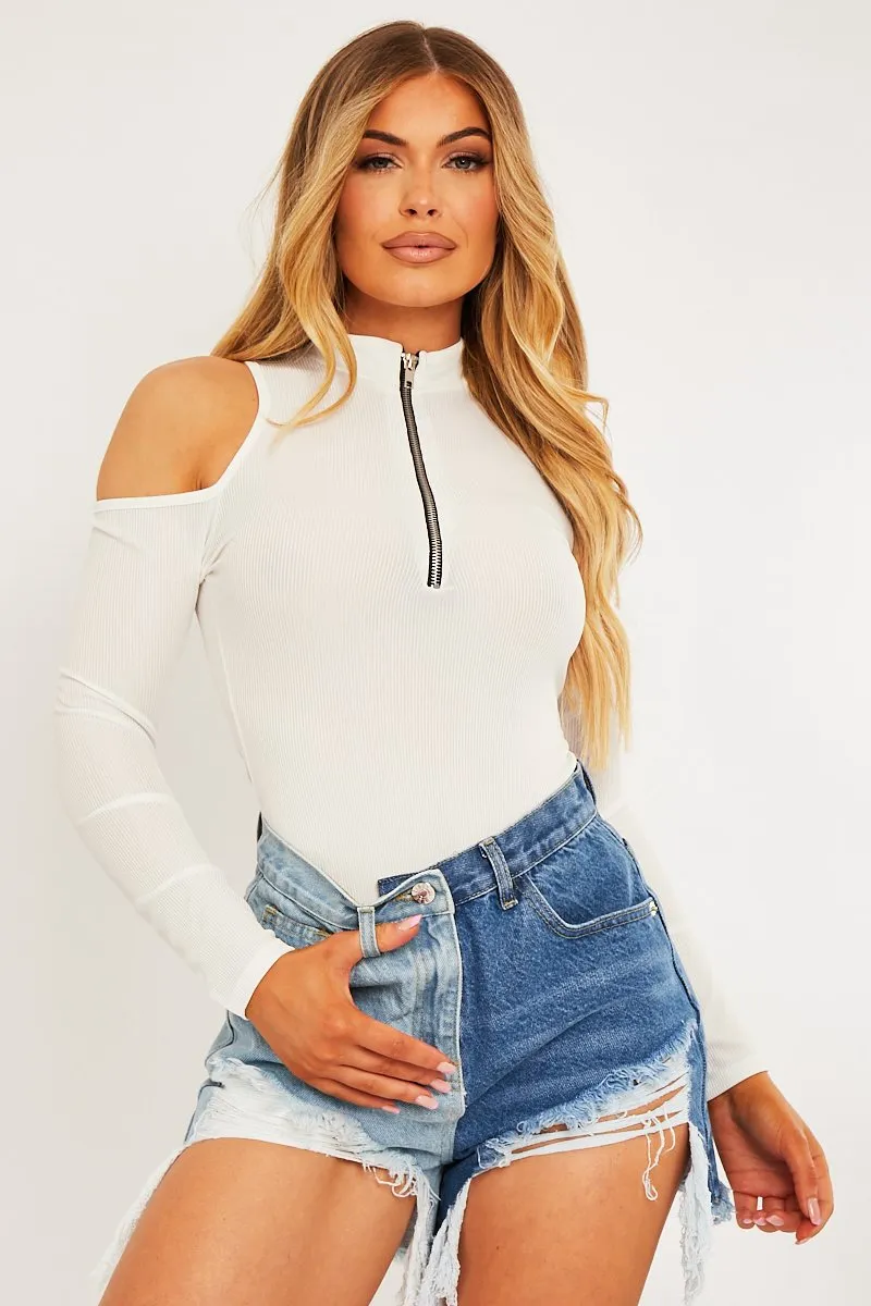 White Shoulder Cut Out Zip Bodysuit - Celine