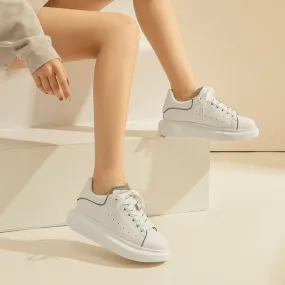 Women Platform Sneakers Cow Leather Lace-Up Casual Round Toe Lady Flats Shoes with Thick Sole Handmade